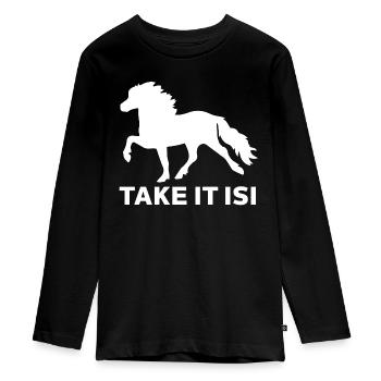 Take it Isi Icelandic horse riding gift - Teenager Premium Organic Long Sleeve Shirt - black - Front - AI Model Kid Female (0cm)