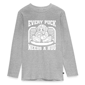 Eishockey Torwart Torwart Puck - Teenager Premium Bio Langarmshirt - Grau meliert - Vorne