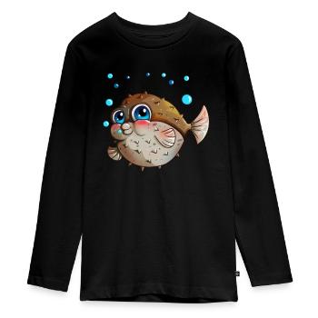 Kugelfisch mit Luftblasen Angler Kinder Geschenk - Teenager Premium Bio Langarmshirt - Schwarz - Vorne - AI Model Kid Female (0cm)