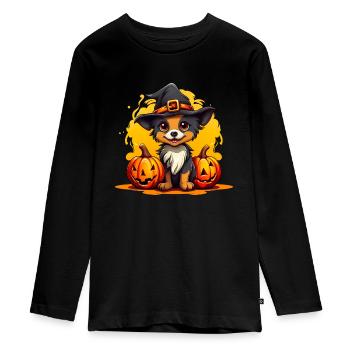 Cute Chihuahua puppy with witch hat and pumpkin - Teenager Premium Organic Long Sleeve Shirt - black - Front - AI Model Kid Female (0cm)