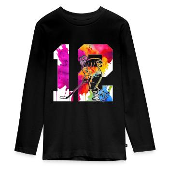 NUMMER 12 EISHOCKEY 12. GEBURTSTAG - Teenager Premium Bio Langarmshirt - Schwarz - Vorne - AI Model Kid Female (0cm)