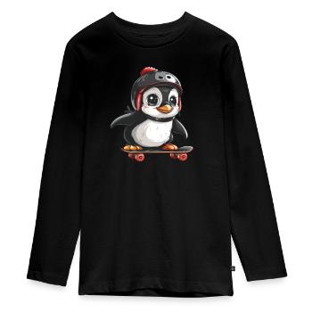 Pinguin Skater Skateboard Kawaii Pinguin Niedlich - Teenager Premium Bio Langarmshirt - Schwarz - Vorne - AI Model Kid Female (0cm)