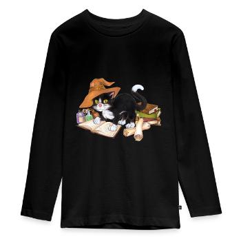 Katze Halloween dunkle Kunst Magie Zauberei Hexe - Teenager Premium Bio Langarmshirt - Schwarz - Vorne - AI Model Kid Female (0cm)