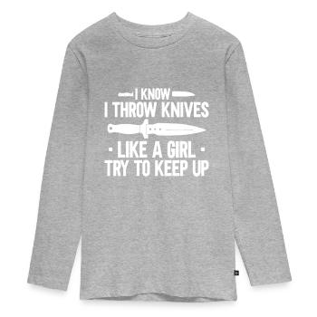 Messerwurfscheibe Geschenk Messerwerfer - Teenager Premium Bio Langarmshirt - Grau meliert - Vorne