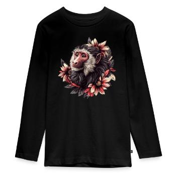 Babouin avec cadre floral - T-shirt manches longues Premium Ado - noir - Devant - AI Model Kid Female (0cm)