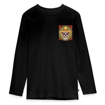 Calavera with Sombrero T-shirt with pocket - Teenager Premium Organic Long Sleeve Shirt - black - Front - AI Model Kid Female (0cm)