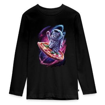 Space Cat with Pizza - Unique Motif - Teenager Premium Organic Long Sleeve Shirt - black - Front - AI Model Kid Female (0cm)