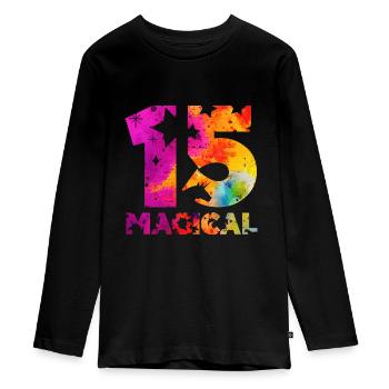 MAGICAL 15TH BIRTHDAY UNICORN - Teenager Premium Organic Long Sleeve Shirt - black - Front - AI Model Kid Female (0cm)