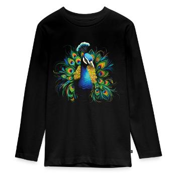 Pfau Pfauenfeder Exotisch Farbenfroh Bunt Kunst - Teenager Premium Bio Langarmshirt - Schwarz - Vorne - AI Model Kid Female (0cm)