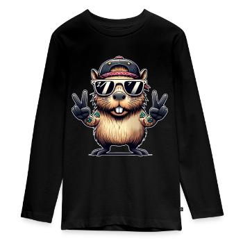 Capybara Peacezeichen - Teenager Premium Bio Langarmshirt - Schwarz - Vorne - AI Model Kid Female (0cm)