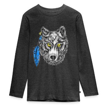 Gray wolf with yellow eyes and earring - Teenager Premium Organic Long Sleeve Shirt - heather anthracite - Front - AI Model Kid Female (0cm)