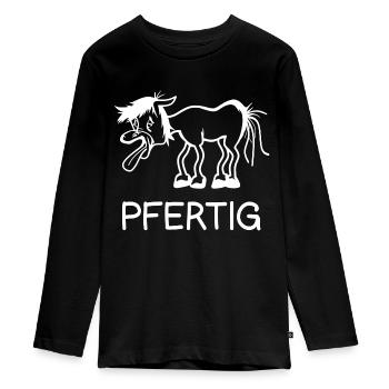 Lustiger Pferde Spruch Wortwitz Pfertig Fun Reiten - Teenager Premium Bio Langarmshirt - Schwarz - Vorne - AI Model Kid Female (0cm)