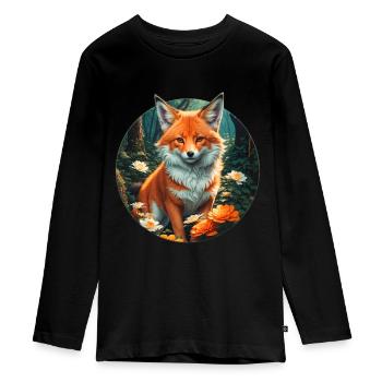 Vos in het bloesemgekte bos - Tieners Premium Bio shirt met lange mouwen - zwart - Voor - AI Model Kid Female (0cm)