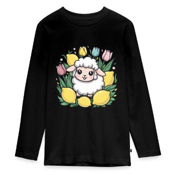 Mouton de dessin animé kawaii avec des citrons et des tulipes - T-shirt manches longues Premium Ado - noir - Devant - AI Model Kid Female (0cm)
