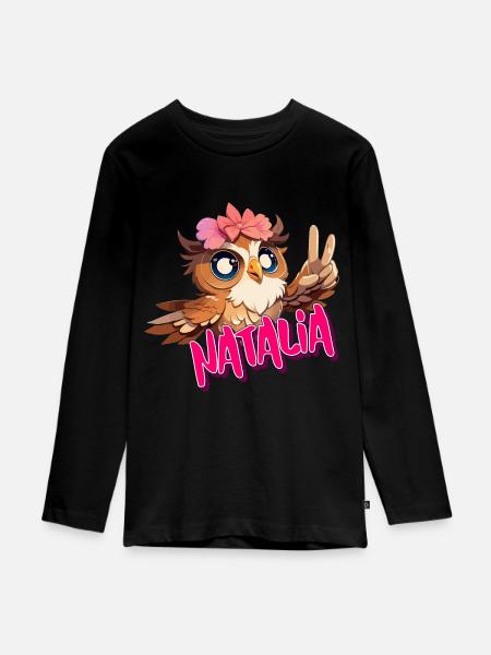 NATALIA - Mooie meisjesnaam met schattige uil - Tieners Premium Bio shirt met lange mouwen - zwart
