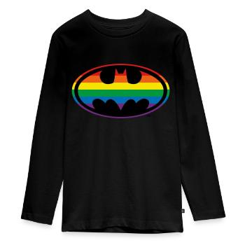 Justice League Batman Regenbogen Logo - Teenager Premium Bio Langarmshirt - Schwarz - Vorne - AI Model Kid Female (0cm)