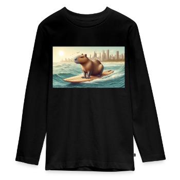 Surfendes Wasserschwein - Teenager Premium Bio Langarmshirt - Schwarz - Vorne - AI Model Kid Female (0cm)