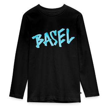 Basel lettering - Teenager Premium Organic Long Sleeve Shirt - black - Front - AI Model Kid Female (0cm)