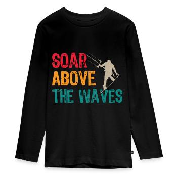 Kiteboarders soar over waves Kitesurfing Surfers - Teenager Premium Organic Long Sleeve Shirt - black - Front - AI Model Kid Female (0cm)