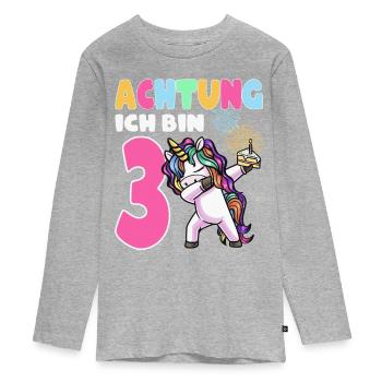 Dritter Geburtstag Mädchen 3 Jahre Einhorn - Teenager Premium Bio Langarmshirt - Grau meliert - Vorne