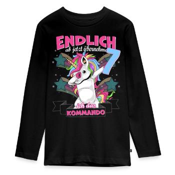 Kinderkleidung, Einhorn zum 7. Geburtstag, 7 Jahre - Teenager Premium Bio Langarmshirt - Schwarz - Vorne - AI Model Kid Female (0cm)