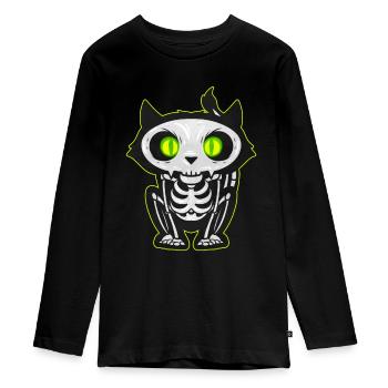Squelette de chat effrayant avec des yeux brillants pour Halloween - T-shirt manches longues Premium Ado - noir - Devant - AI Model Kid Female (0cm)
