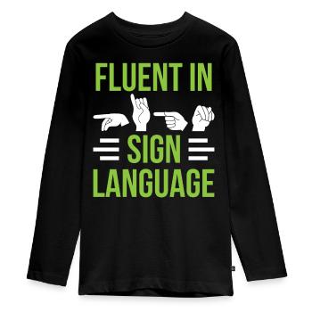 Fließend In Gebärdensprache Gebärden Awareness - Teenager Premium Bio Langarmshirt - Schwarz - Vorne - AI Model Kid Female (0cm)