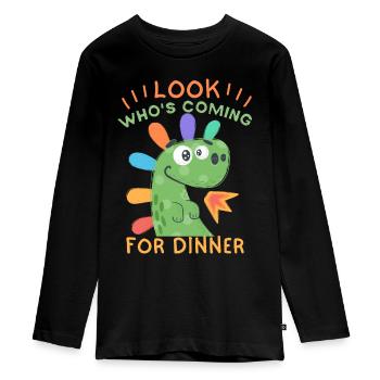 Funny Dinosaur Invitation to Dinner - Teenager Premium Organic Long Sleeve Shirt - black - Front - AI Model Kid Female (0cm)