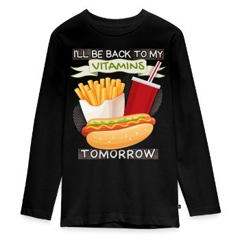 Junk-Food, Fast Food, Hotdog lustiger Spruch - Teenager Premium Bio Langarmshirt - Schwarz - Vorne - AI Model Kid Female (0cm)