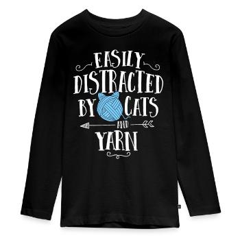 Leicht abgelenkt von Katzen und Garn Strickgarn C - Teenager Premium Bio Langarmshirt - Schwarz - Vorne - AI Model Kid Female (0cm)