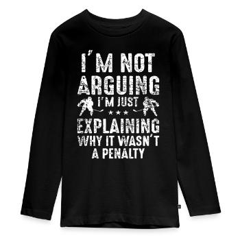 Ich argumentiere nicht, sondern erkläre nur, warum Elfmeterhockey - Teenager Premium Bio Langarmshirt - Schwarz - Vorne - AI Model Kid Female (0cm)