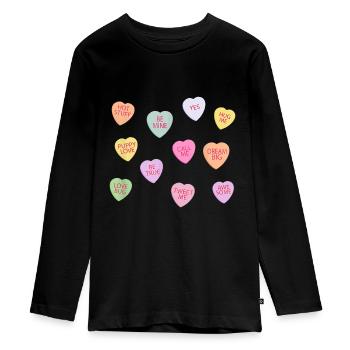 Happy Valentines Day Candy Conversation Hearts Cut - Teenager Premium Organic Long Sleeve Shirt - black - Front - AI Model Kid Female (0cm)