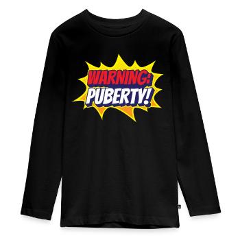 Warning: Puberty Adult Teen Sarcastic - Teenager Premium Organic Long Sleeve Shirt - black - Front - AI Model Kid Female (0cm)