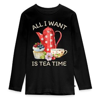 Tea drinker, tea with teapot and cupcake - Teenager Premium Organic Long Sleeve Shirt - black - Front - AI Model Kid Female (0cm)