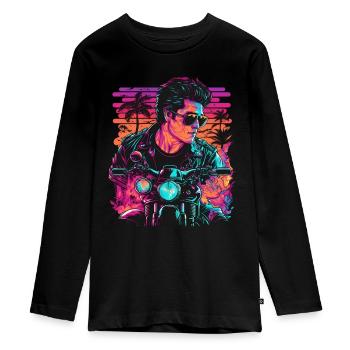 Retro Biker Illustration Motorcycle Synthwave Art - Teenager Premium Organic Long Sleeve Shirt - black - Front - AI Model Kid Female (0cm)