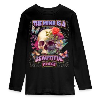 Skull skull with vintage flowers, saying - Teenager Premium Organic Long Sleeve Shirt - black - Front - AI Model Kid Female (0cm)