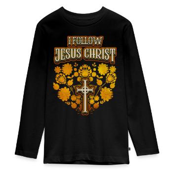 Jesus Christ, vintage folk art, cross, saying - Teenager Premium Organic Long Sleeve Shirt - black - Front - AI Model Kid Female (0cm)