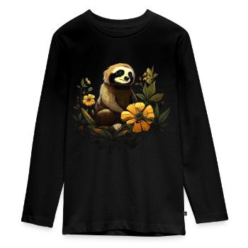 Faultier Tier Geschenk Tiermotiv Blumen - Teenager Premium Bio Langarmshirt - Schwarz - Vorne - AI Model Kid Female (0cm)