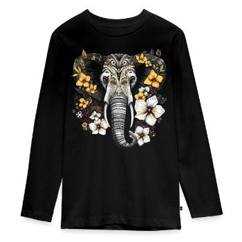 Elefant Tier Geschenk Afrika Kunst Blumen - Teenager Premium Bio Langarmshirt - Schwarz - Vorne - AI Model Kid Female (0cm)
