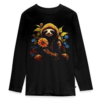 Faultier Tier Geschenk Tiermotiv Blumen - Teenager Premium Bio Langarmshirt - Schwarz - Vorne - AI Model Kid Female (0cm)