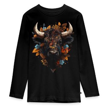 Bison Artwork Colorful Autumn Leaves Animal Animal Motif - Teenager Premium Organic Long Sleeve Shirt - black - Front - AI Model Kid Female (0cm)