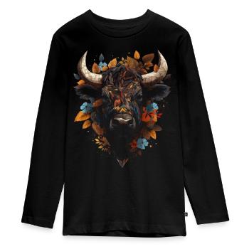 Bison Kunstwerk Bunt Herbstblätter Tier Tiermotiv - Teenager Premium Bio Langarmshirt - Schwarz - Vorne - AI Model Kid Female (0cm)