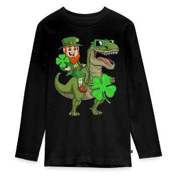 St. Patricks Day Kobold Reiten T Rex Lustiger Dino - Teenager Premium Bio Langarmshirt - Schwarz - Vorne - AI Model Kid Female (0cm)