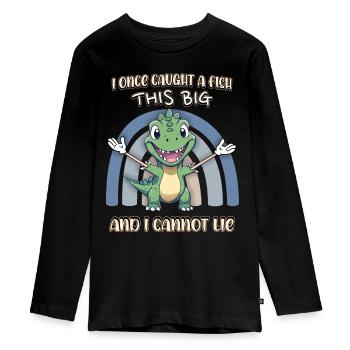 Dino Angler, Fischen, lustiger Comic Dinosaurier - Teenager Premium Bio Langarmshirt - Schwarz - Vorne - AI Model Kid Female (0cm)