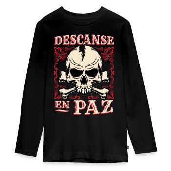 Skull, Crossbones Bone Saying Rest-In-Peace - Teenager Premium Organic Long Sleeve Shirt - black - Front - AI Model Kid Female (0cm)