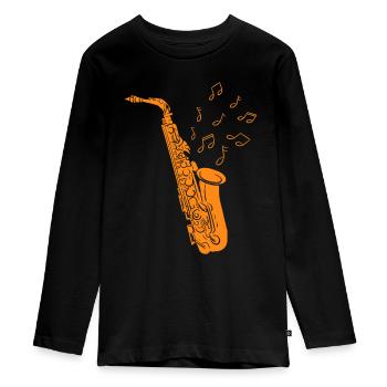 Saxophonist Musiknoten Saxophonist Jazz - Teenager Premium Bio Langarmshirt - Schwarz - Vorne - AI Model Kid Female (0cm)