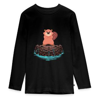 Cooler Biber auf Biberdamm aus Holz Geschenk - Teenager Premium Bio Langarmshirt - Schwarz - Vorne - AI Model Kid Female (0cm)