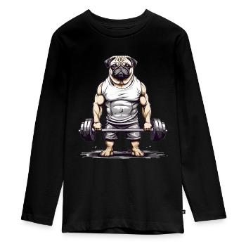 Muscular Pug Gym and Dog Lover - Teenager Premium Organic Long Sleeve Shirt - black - Front - AI Model Kid Female (0cm)