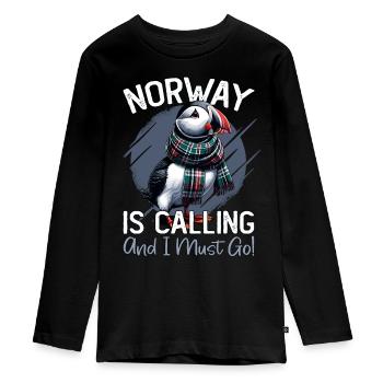 Norway, Puffins, Norway Is Calling - Teenager Premium Organic Long Sleeve Shirt - black - Front - AI Model Kid Female (0cm)
