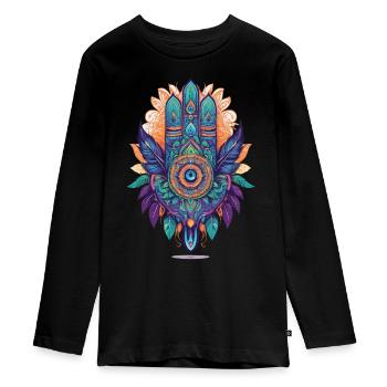 Hamsa Hand Spirituelles Mandala Federn Design - Teenager Premium Bio Langarmshirt - Schwarz - Vorne - AI Model Kid Female (0cm)